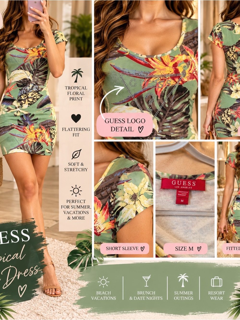 GUESS Green Tropical Floral Print Mini Dress | Short Sleeve | Size M